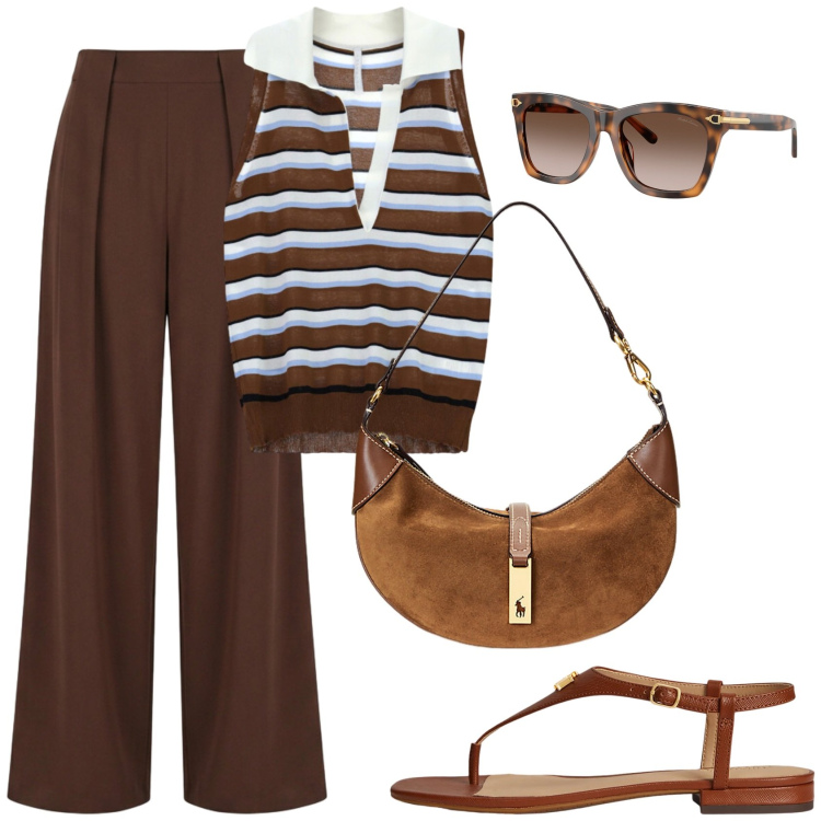 Outfit donna - In ufficio a luglio. Stile Casual chic per Ufficio. Abbinamento con pantaloni a palazzo, top, borse a spalla, sandali in pelle, occhiali da sole.