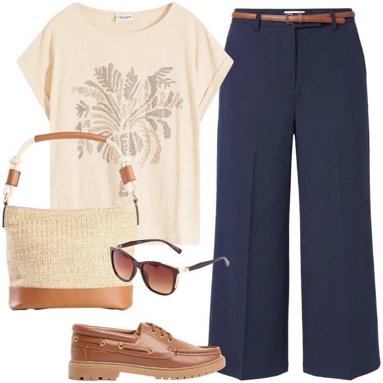 Outfit donna - Total look #2428454. Stile Casual per Tutti i giorni. Abbinamento con mocassini, borse a mano, t-shirt, occhiali da sole, pantaloni.