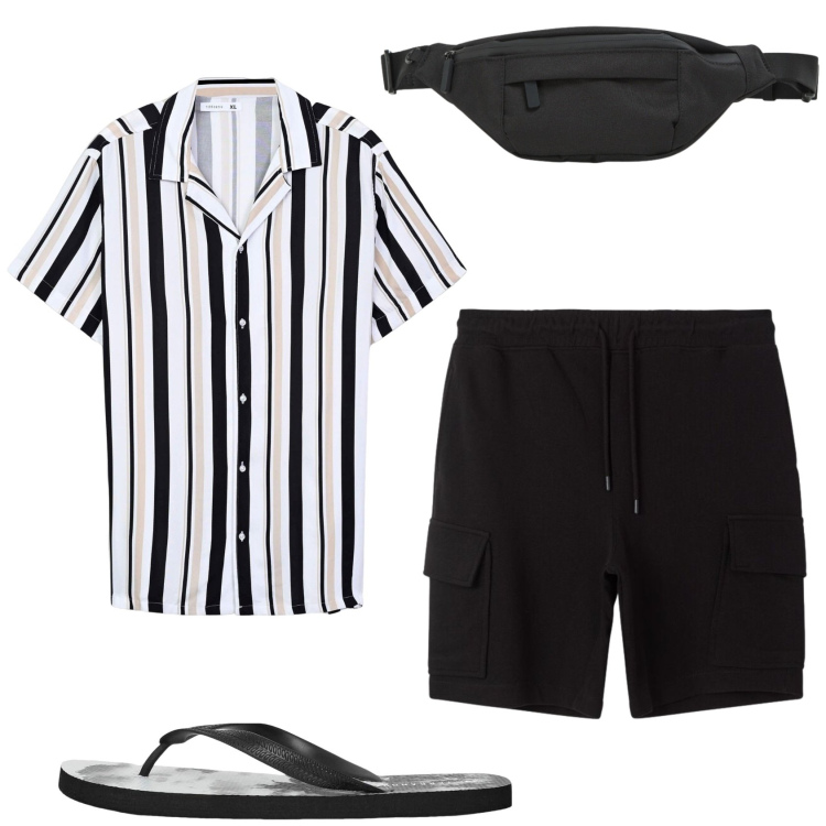 Outfit uomo - Righe d’estate. Stile Casual per Mare. Abbinamento con sandali, camicie a manica corta, borse sportive, bermuda.