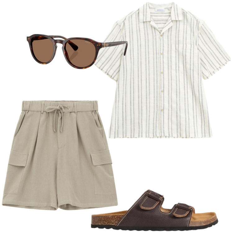 Outfit uomo - Righe d\'estate. Stile Casual per Mare. Abbinamento con sandali, occhiali da sole, camicie a manica corta, bermuda.