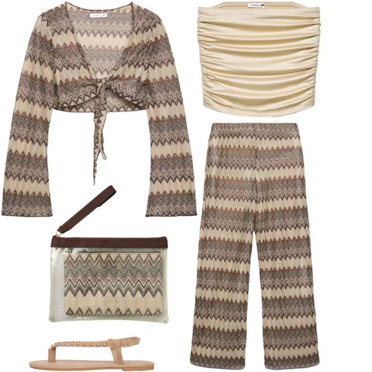 Outfit donna - Il completo per l \'estate. Stile Minimal per Serata fuori. Abbinamento con pochette, ciabatte, top, blazer, pantaloni.