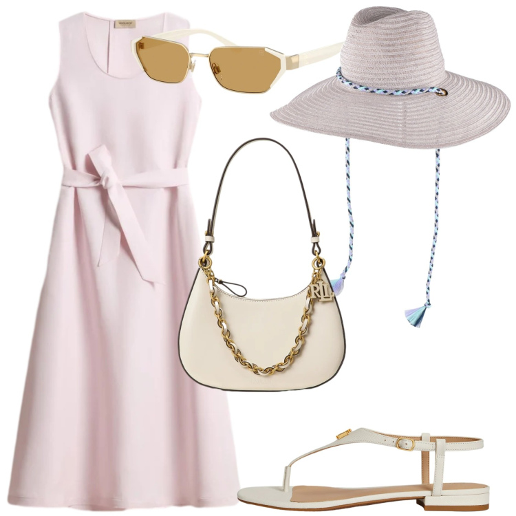 Outfit donna - Giornate calde in città. Stile Casual chic per Tutti i giorni. Abbinamento con cappelli, sandali in pelle, occhiali da sole, borse a spalla, vestiti midi/longuette.