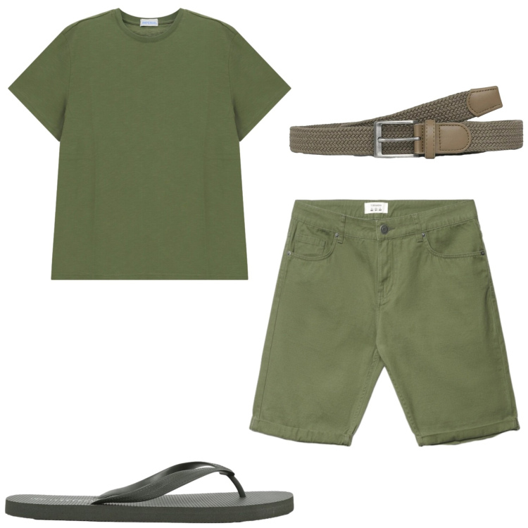 Outfit uomo - Luglio al mare. Stile Casual per Mare. Abbinamento con cinture, bermuda, sandali, t-shirt.
