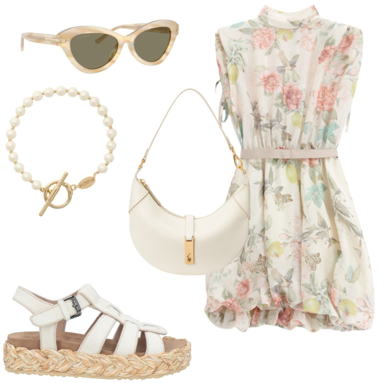 Outfit donna - Pattern sotto il sole. Stile Casual per Tutti i giorni. Abbinamento con espadrillas, vestiti corti, occhiali da sole, borse a spalla, braccialetti.