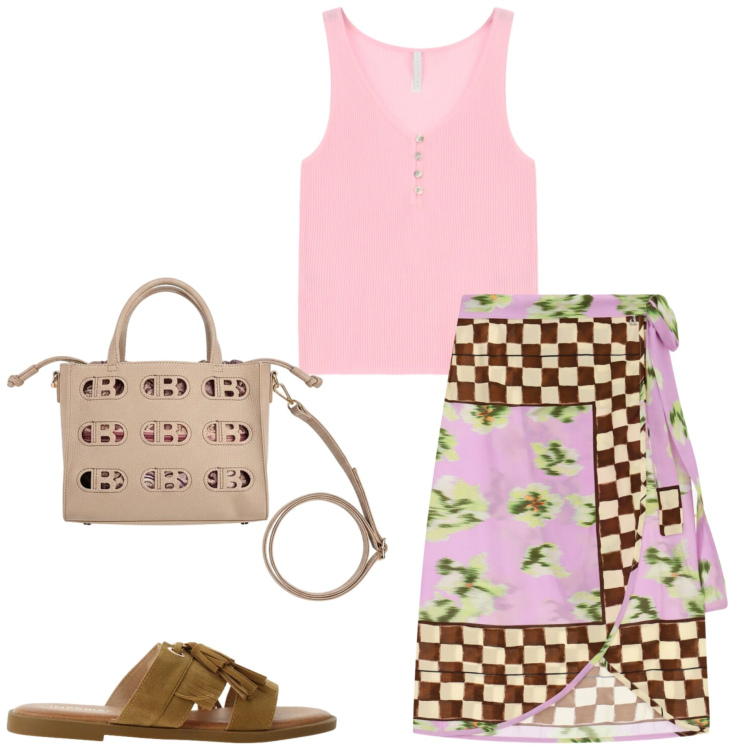 Outfit donna - Pink Summer. Stile Casual chic per Tutti i giorni. Abbinamento con sandali, canottiere, gonne longuette, borse a mano.