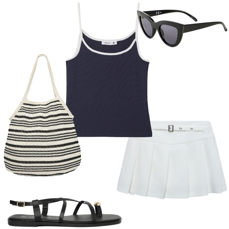 Outfit donna - Al mare. Stile Preppy per Mare. Abbinamento con occhiali da sole, minigonne, shopping bag, sandali, canottiere.