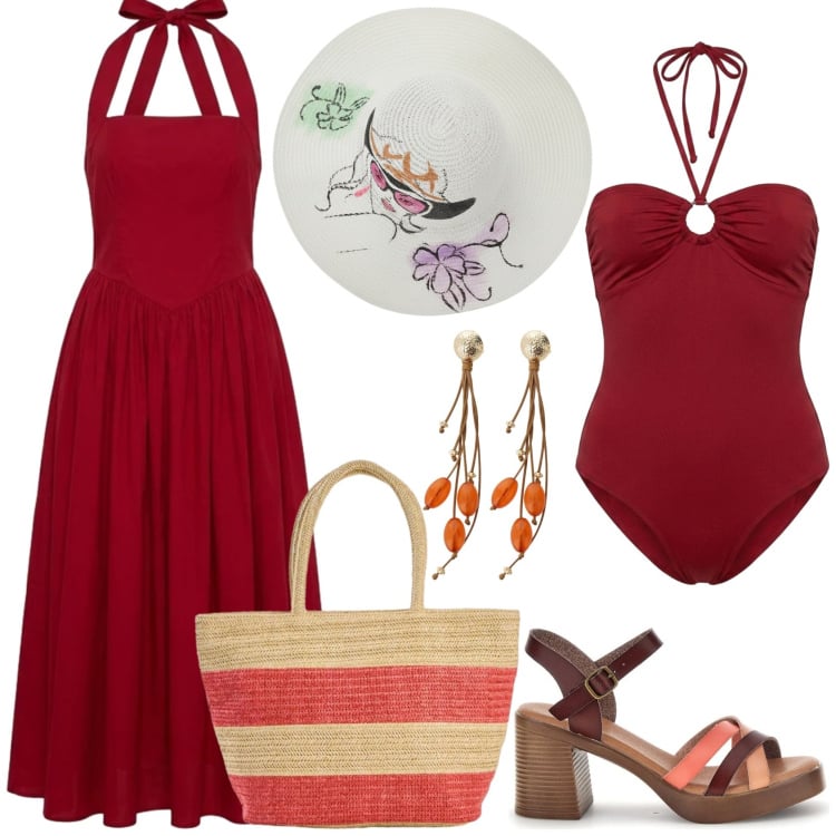 Outfit donna - Outfit perfetto per le vacanze estive. Stile Casual chic per Mare. Abbinamento con shopping bag, vestiti lunghi, orecchini, costumi interi, sandali col tacco, cappelli.