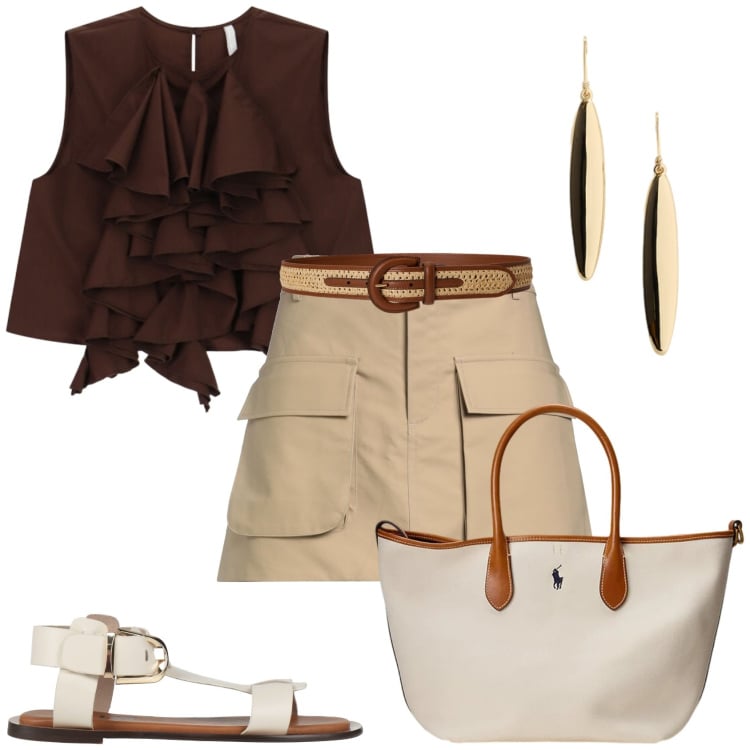Outfit donna - Estate in città. Stile Glamour per Tutti i giorni. Abbinamento con sandali alla schiava, minigonne, canottiere, orecchini, borse tote, cinture.