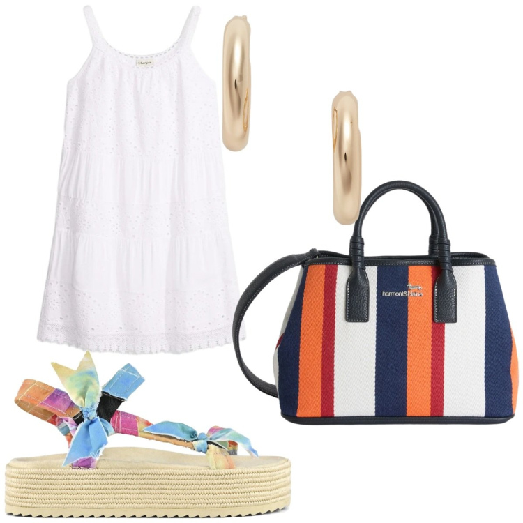 Outfit donna - Vestito bianco. Stile Casual chic per Tutti i giorni. Abbinamento con vestiti, shopping bag, orecchini, sandali.