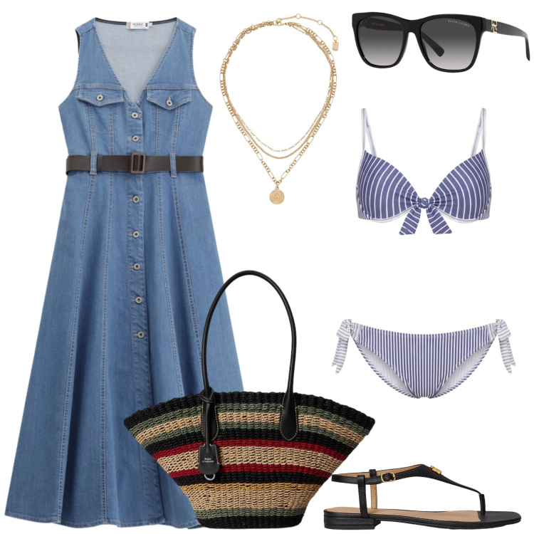 Outfit donna - Summer style. Stile Casual per Mare. Abbinamento con bikini, vestiti midi/longuette, sandali in pelle, occhiali da sole, borse tote, ciondoli.