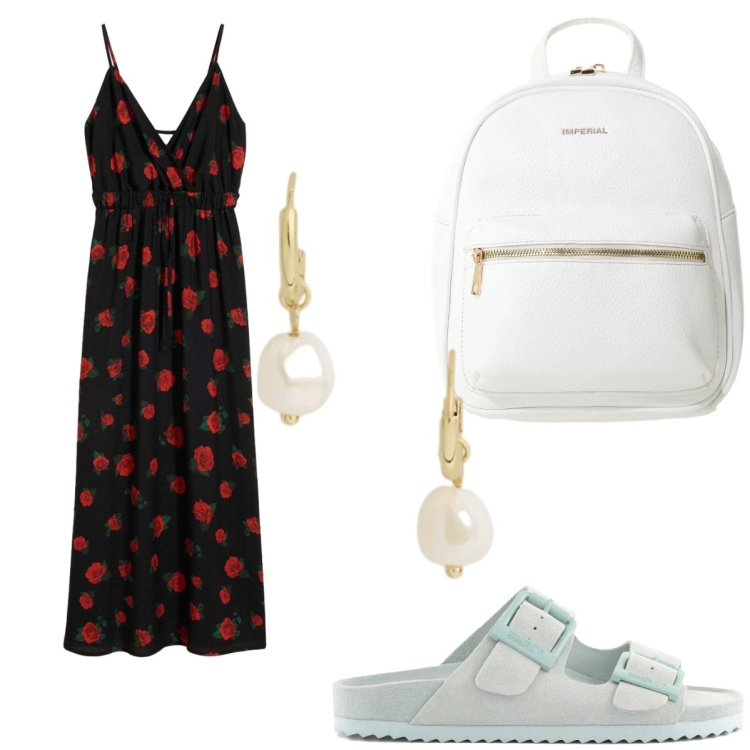 Outfit donna - Stessi accessori cambia il vestito. Stile Romantica per Tutti i giorni. Abbinamento con vestiti lunghi, zaini, orecchini, sandali in pelle.