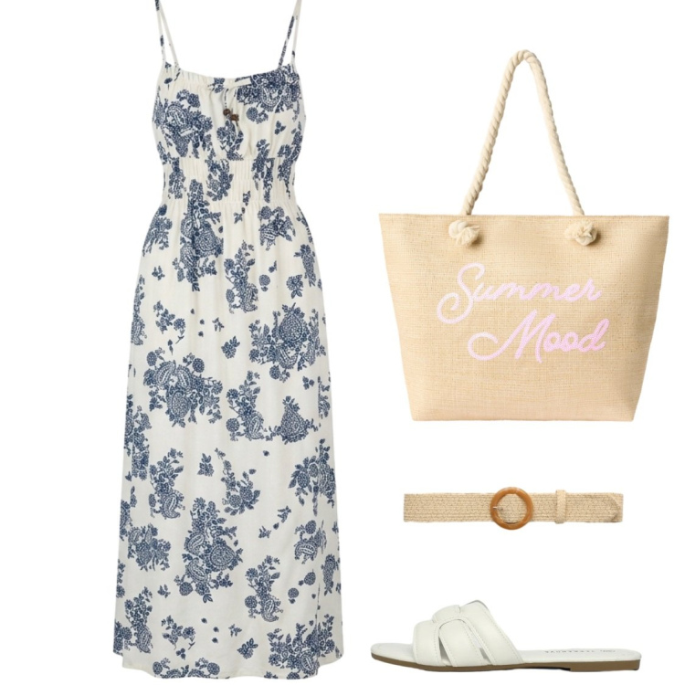 Outfit donna - Fresca come una rosa. Stile Romantica per Tutti i giorni. Abbinamento con cinture, vestiti lunghi, ciabatte, borse tote.