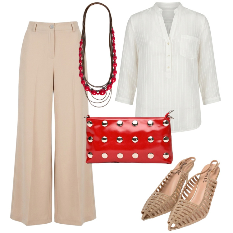 Outfit donna - Summer. per Ufficio. Abbinamento con collane, scarpe col tacco, borse a tracolla, pantaloni a palazzo, bluse.
