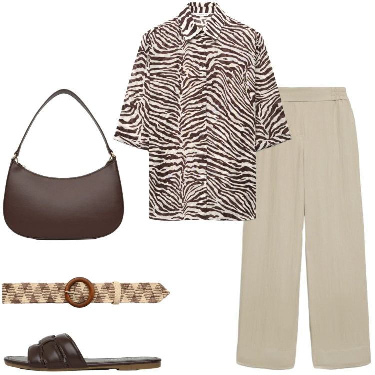 Outfit donna - Safari in città a luglio. Stile Urban per Tutti i giorni. Abbinamento con camicie a manica corta, cinture, borse a tracolla, pantaloni, ciabatte.