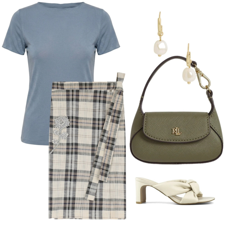 Outfit donna - Summer. per Tutti i giorni. Abbinamento con gonne longuette, t-shirt, orecchini, borse a mano, sandali col tacco.