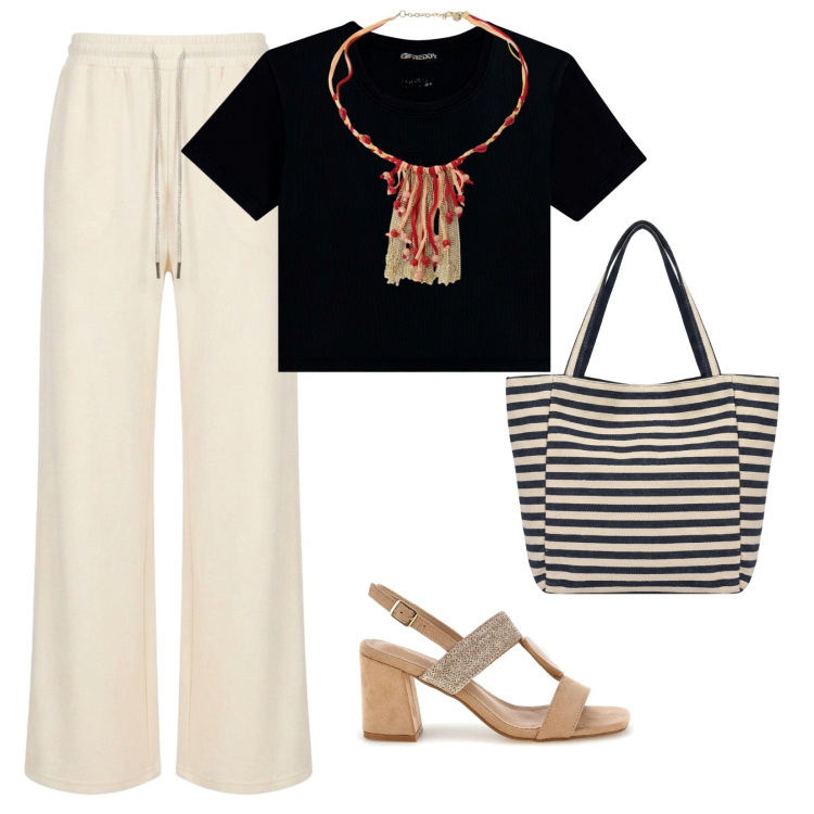 Outfit donna - Summer. per Tutti i giorni. Abbinamento con cappotti, t-shirt, borse tote, pantaloni, sandali col tacco.
