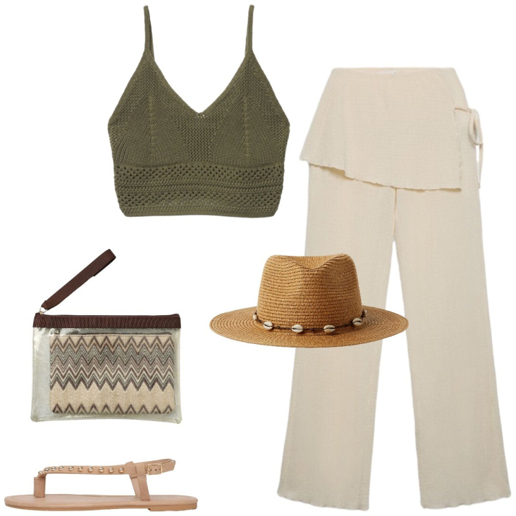 Outfit donna - Total look #2428489. Stile Casual chic per Tutti i giorni. Abbinamento con canottiere, pantaloni, cappelli, ciabatte, pochette.