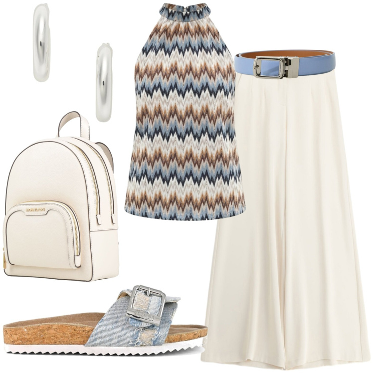 Outfit donna - Total look #2428491. Stile Casual per Tutti i giorni. Abbinamento con zaini, orecchini, canottiere, pantaloni a palazzo, cinture, sandali.