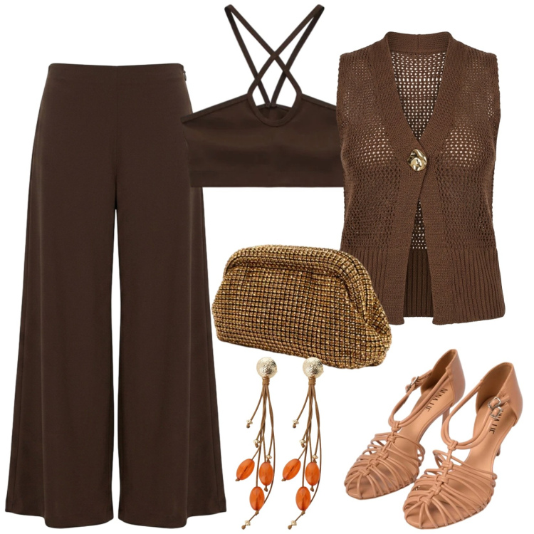 Outfit donna - Summer. per Serata fuori. Abbinamento con orecchini, top, sandali in pelle, clutch, maglieria, pantaloni.