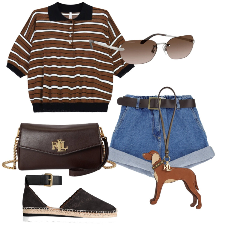 Outfit donna - A spasso. Stile Trendy per Tutti i giorni. Abbinamento con espadrillas, polo, shorts, portafogli, ciondoli, occhiali da sole.