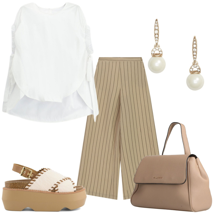 Outfit donna - Total look #2428494. Stile Casual chic per Tutti i giorni. Abbinamento con zaini, bluse, pantaloni a palazzo, orecchini, zeppe.