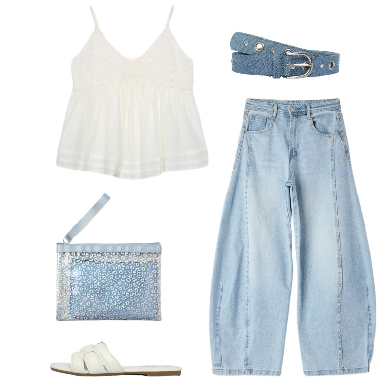 Outfit donna - Total look #2428496. Stile Casual per Tutti i giorni. Abbinamento con jeans, pochette, canottiere, cinture, ciabatte.