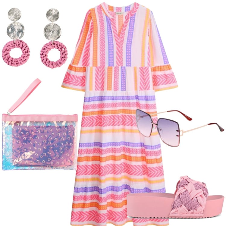 Outfit donna - Luglio. Stile Casual per Tutti i giorni. Abbinamento con occhiali da sole, vestiti lunghi, orecchini, pochette, ciabatte.