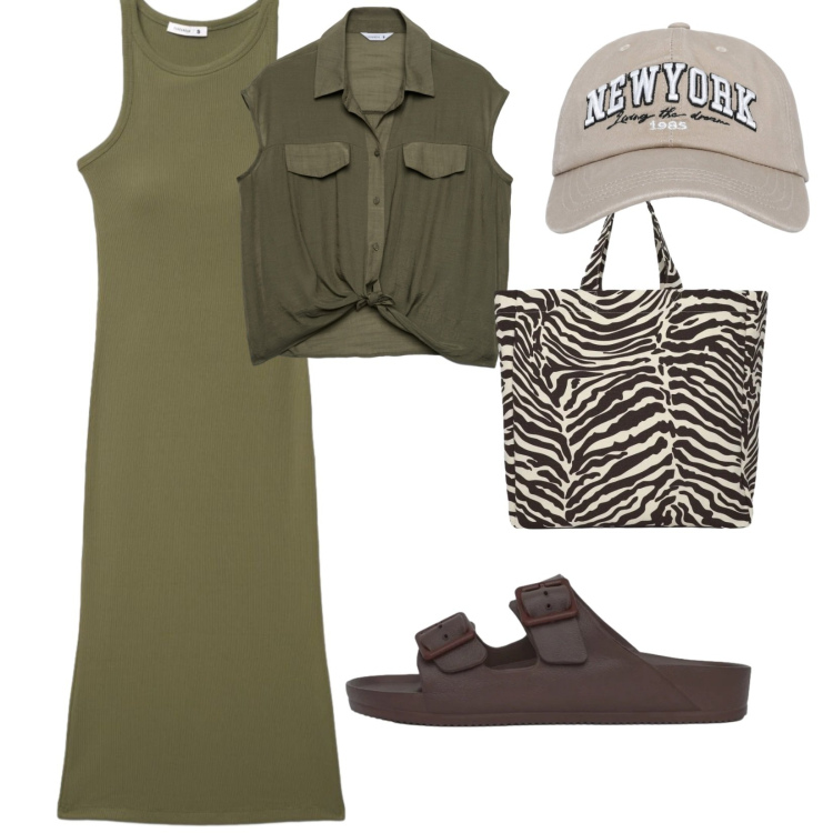 Outfit donna - Terranova. per Tutti i giorni. Abbinamento con vestiti midi/longuette, camicie a manica corta, cappelli con visiera, ciabatte, shopping bag.