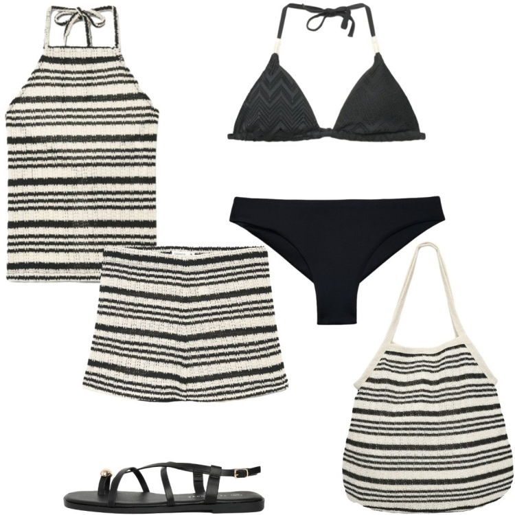 Outfit donna - Estate in crochet. Stile Glamour per Mare. Abbinamento con shopping bag, canottiere, sandali, shorts, bikini, bikini.