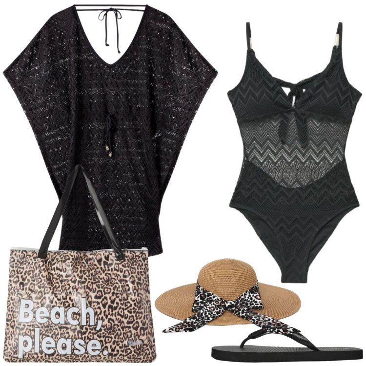 Outfit donna - Total look #2428509. Stile Chic per Mare. Abbinamento con costumi interi, infradito, vestiti da spiaggia, borse tote, cappelli.