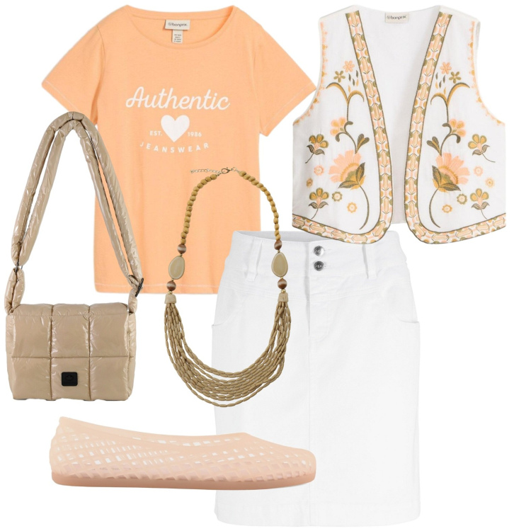Outfit donna - Color pesca. Stile Casual per Tutti i giorni. Abbinamento con gonne, gilet, t-shirt, borse a spalla, collane, ballerine.