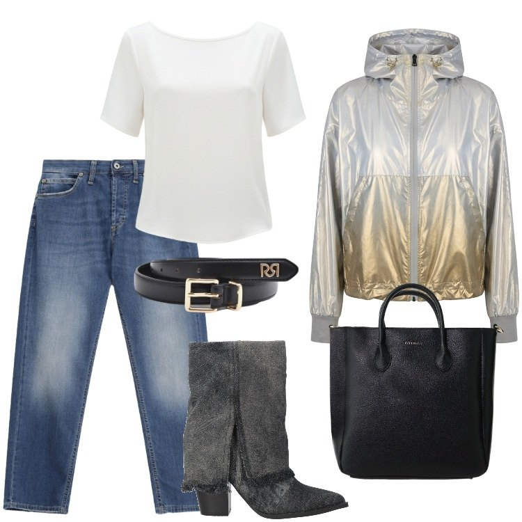 Outfit donna - Denim - Luglio 2026. Stile Trendy per Tutti i giorni. Abbinamento con stivaletti, bluse, cinture, borse a tracolla, jeans dritti, bomber.