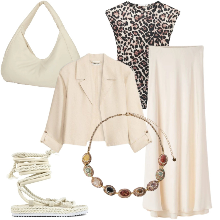 Outfit donna - Total look #2428516. Stile Casual per Tutti i giorni. Abbinamento con blazer, top, gonne lunghe, collane, borse a spalla, sandali.