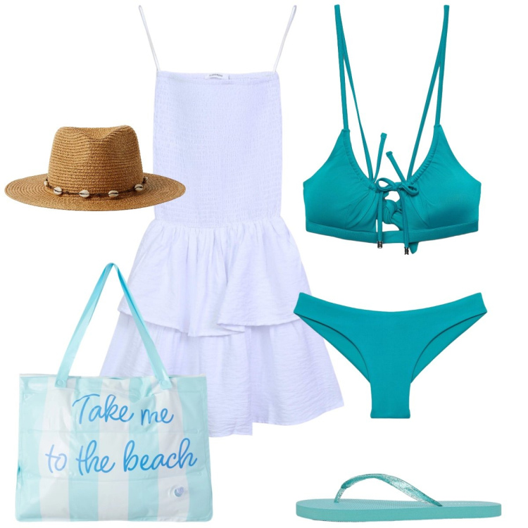Outfit donna - Total look #2428519. Stile Romantica per Mare. Abbinamento con bikini, vestiti corti, bikini, cappelli, borse tote, infradito.