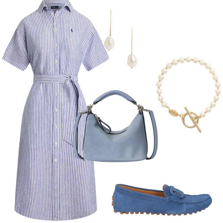 Outfit donna - Lino in blu. Stile Chic per Tutti i giorni. Abbinamento con mocassini, vestiti chemisier, borse a spalla, orecchini, braccialetti.