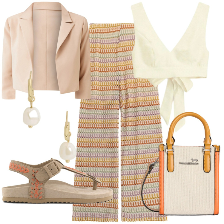 Outfit donna - Serata in spiaggia. Stile Casual chic per Serata fuori. Abbinamento con borse tote, orecchini, blazer, pantaloni a palazzo, top, infradito.