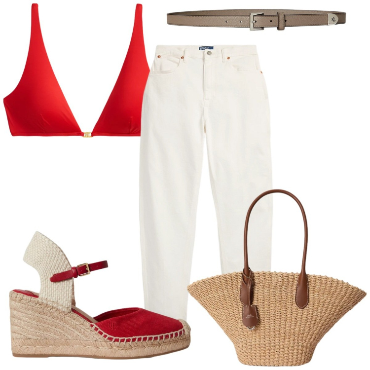 Outfit donna - Summer Sale Style: in jeans. Stile Casual per Mare. Abbinamento con bikini, jeans, cinture, zeppe, borse tote.