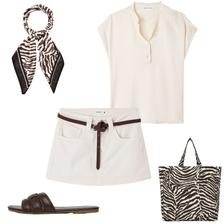 Outfit donna - foulard must in estate. Stile Minimal per Tutti i giorni. Abbinamento con minigonne, canottiere, foulard, shopping bag, ciabatte.