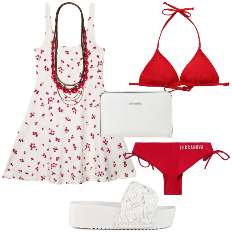 Outfit donna - Al mare. Stile Casual per Mare. Abbinamento con bikini, bikini, vestiti corti, collane, borse a tracolla, ciabatte.