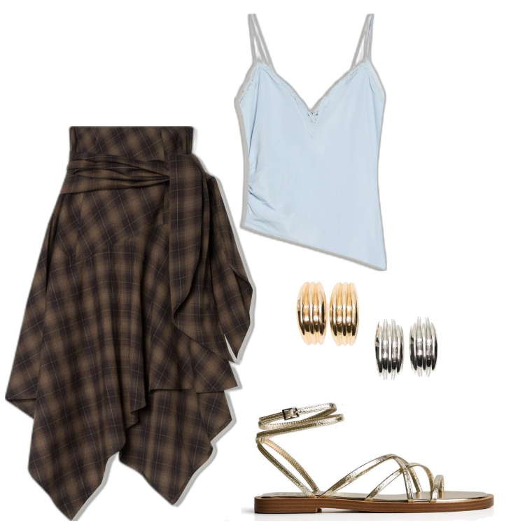 Outfit mujer - Trendy look. Estilo Trendy para Todos los días. Combinación con sandalias, falda longuette, top, pendientes.