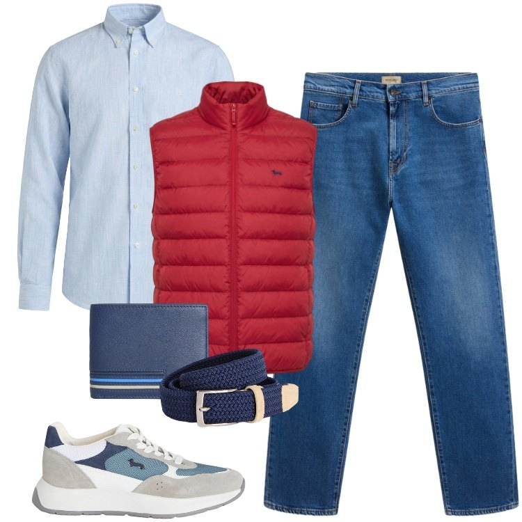 Outfit uomo - Total look #2428534. Stile Casual per Ufficio. Abbinamento con sneakers, portafogli, camicie, cinture, piumini, jeans.