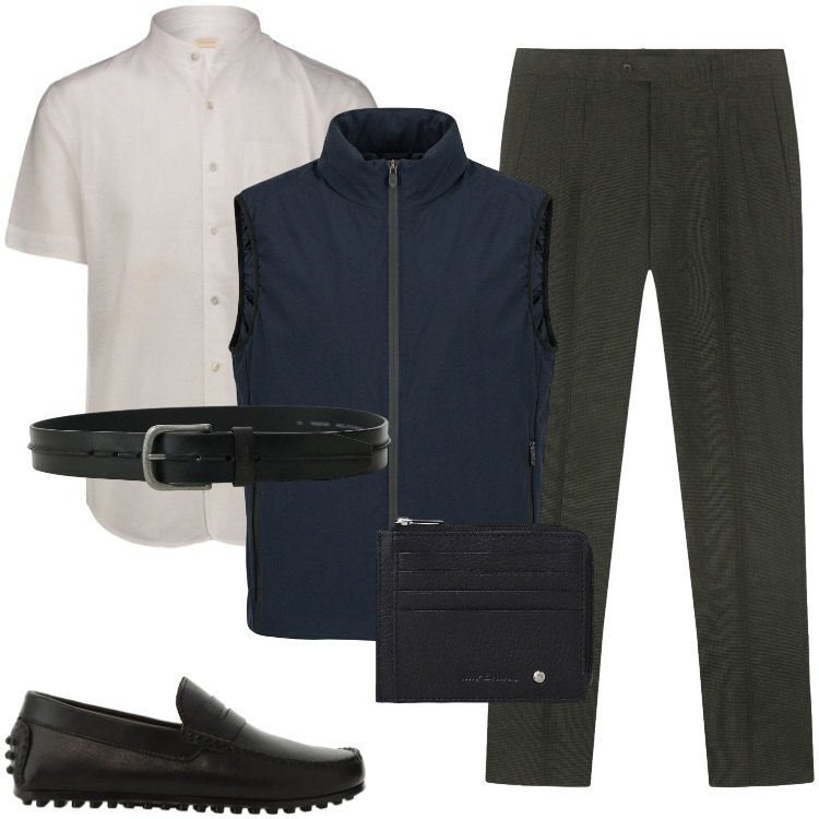 Outfit uomo - Total look #2428538. Stile Urban per Ufficio. Abbinamento con piumini, pantaloni, camicie a manica corta, scarpe stringate, cinture, portafogli.