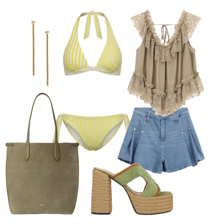 Outfit donna - Luglio. Stile Trendy per Tutti i giorni. Abbinamento con espadrillas, shorts, top, bikini, orecchini, borse tote.