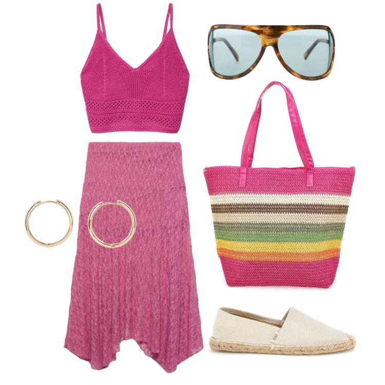 Outfit donna - Luglio. Stile Trendy per Tutti i giorni. Abbinamento con orecchini, gonne longuette, top, occhiali da sole, shopping bag, espadrillas.