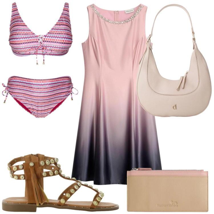 Outfit donna - Summer Sale Style : in rosa. Stile Trendy per Mare. Abbinamento con vestiti corti, portafogli, borse a tracolla, sandali, bikini.
