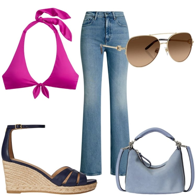 Outfit donna - Total look #2428545. Stile 70s per Mare. Abbinamento con occhiali da sole, jeans bootcut, zeppe, borse a spalla, bikini.