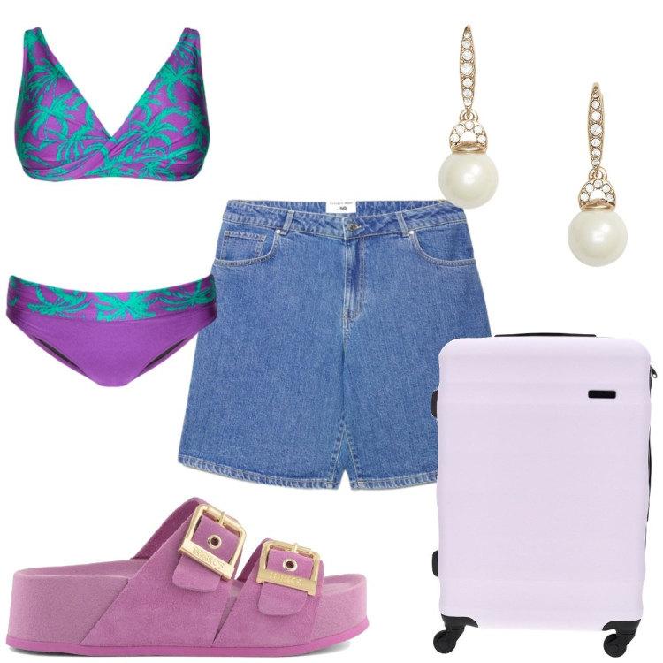 Outfit donna - Summer Sale Style : in viola. Stile Trendy per Mare. Abbinamento con bermuda, bikini, orecchini, sandali in pelle, valigie.