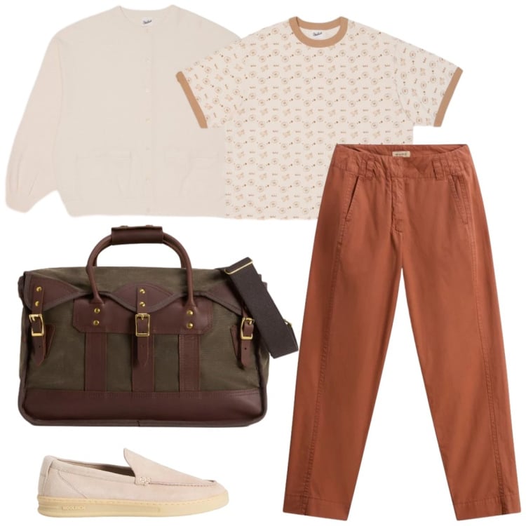 Outfit donna - Total look #2428561. Stile Casual per Tutti i giorni. Abbinamento con borse a tracolla, mocassini, pantaloni, cardigans, t-shirt.