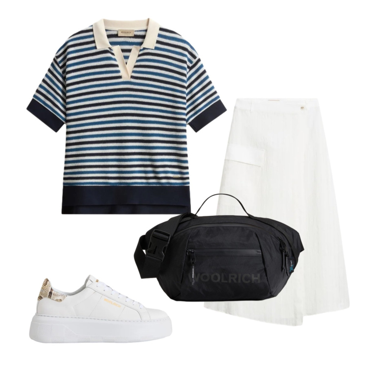 Outfit donna - Luglio. Stile Casual chic per Tutti i giorni. Abbinamento con borse a tracolla, sneakers, gonne, polo.