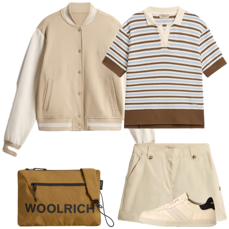 Outfit donna - Total look #2428569. Stile Sporty chic per Tutti i giorni. Abbinamento con borse a tracolla, pantaloni corti, polo, sneakers, bomber.
